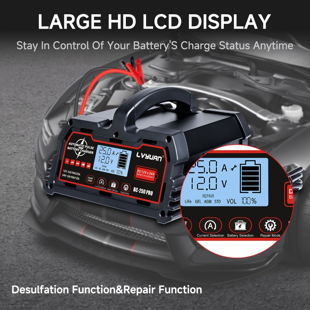 Smart Battery Charger 12V 25A 24V 12A 8-Stage Trickle Charger with Temperature Compensation for LiFePO4 Lead Acid Car Truck Motorcycle Boat