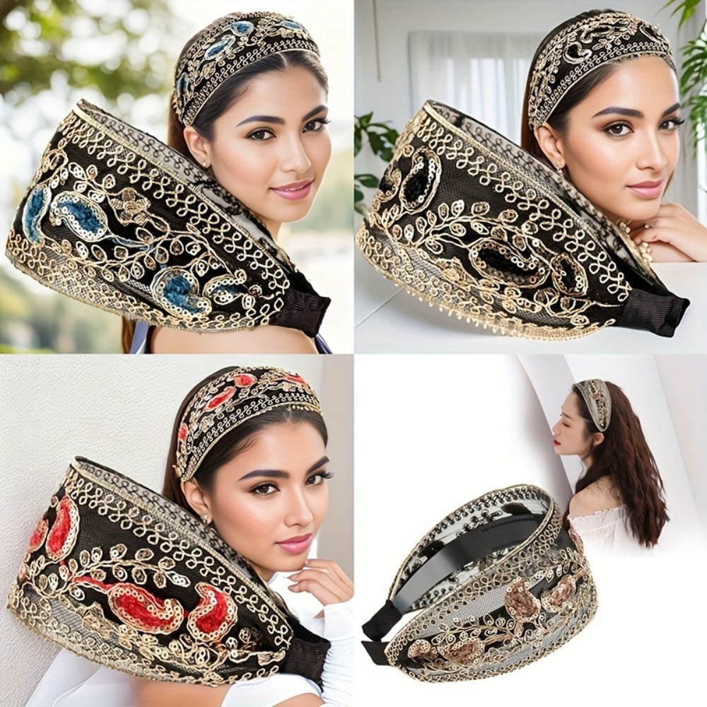 Hair Accessories Two-Piece Wide Embroidered Headband Set with Sequin Floral Details and Color Choices