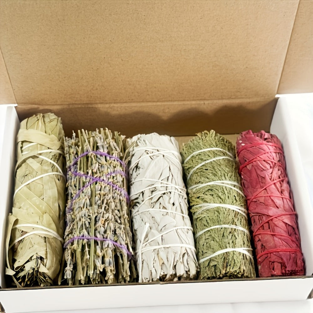 Sage Smudge Kit 5 Pack White Sage Cedarwood Dragon's Blood Eucalyptus Lavender Incense Sticks for Entryways, Bedrooms and Living Spaces