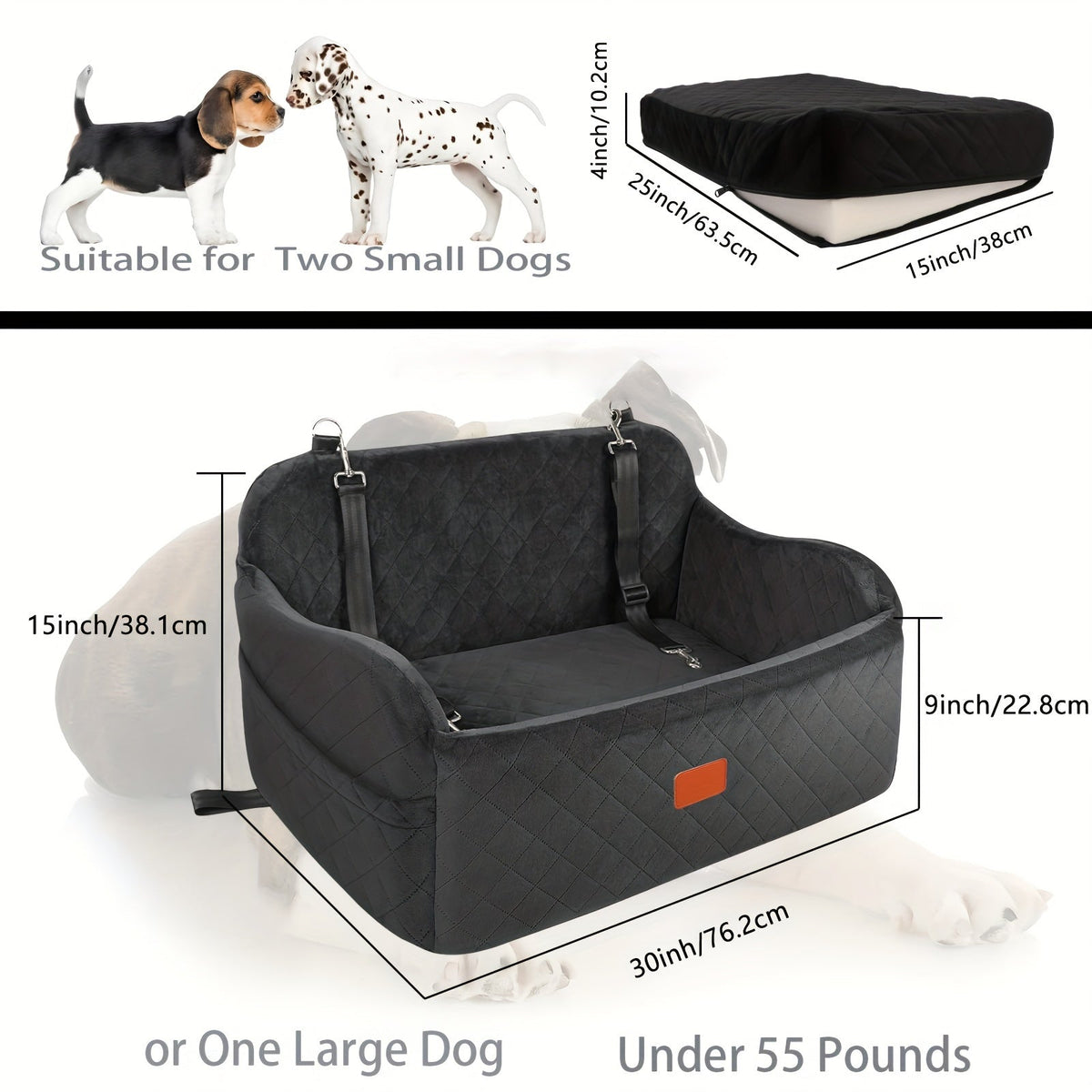 Dog Car Seat Booster with Memory Foam & Non-Slip Bottom – Adjustable Safety Leash & Seatbelt Channel, Soft Plush Pet Car Bed