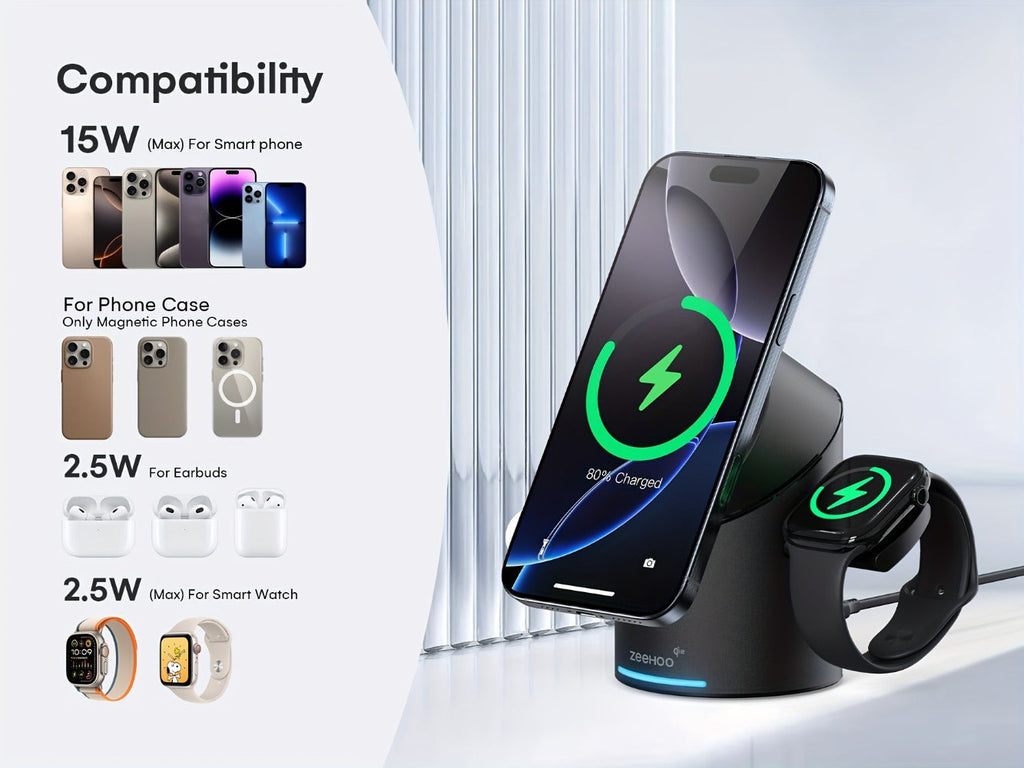 Wireless Charging Station, ZEEHOO CylinTrick-R Qi2-Marked 15W Rotating 3-in-1 Stand in White or Black