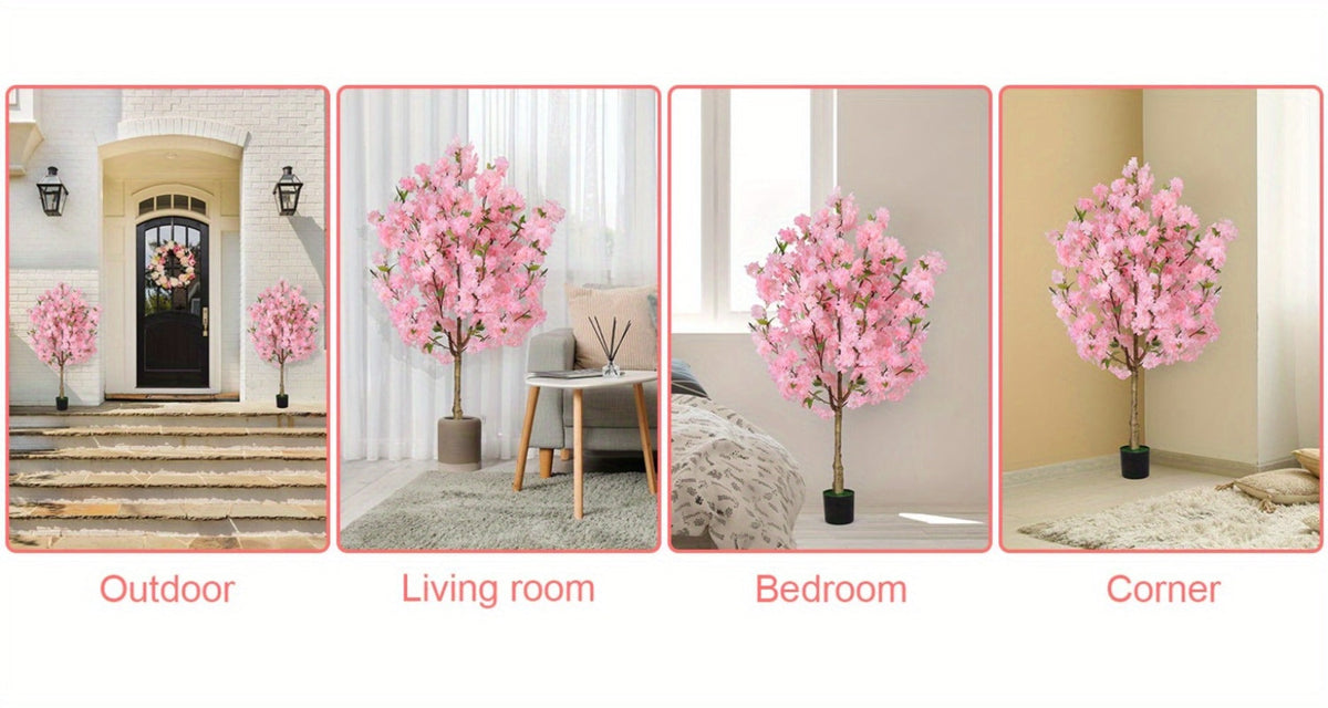 Pink Cherry Blossom Artificial Tree with 6 ft One-Pack Checkout, Black Pot and Branching Flower Display