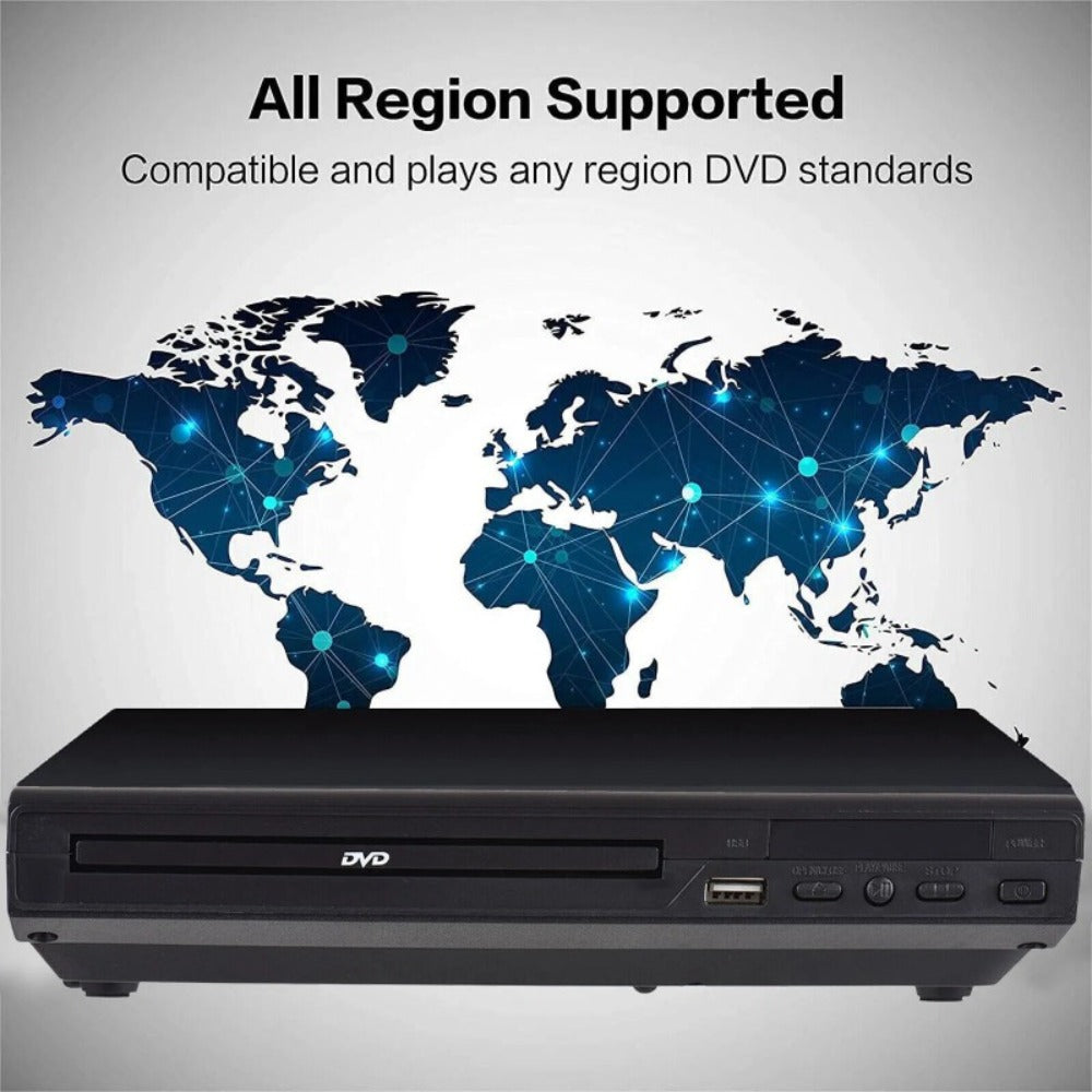 Compact Black DVD Player with USB Port, AV and Coaxial Outputs, Remote Control and RCA Cable for Older TVs