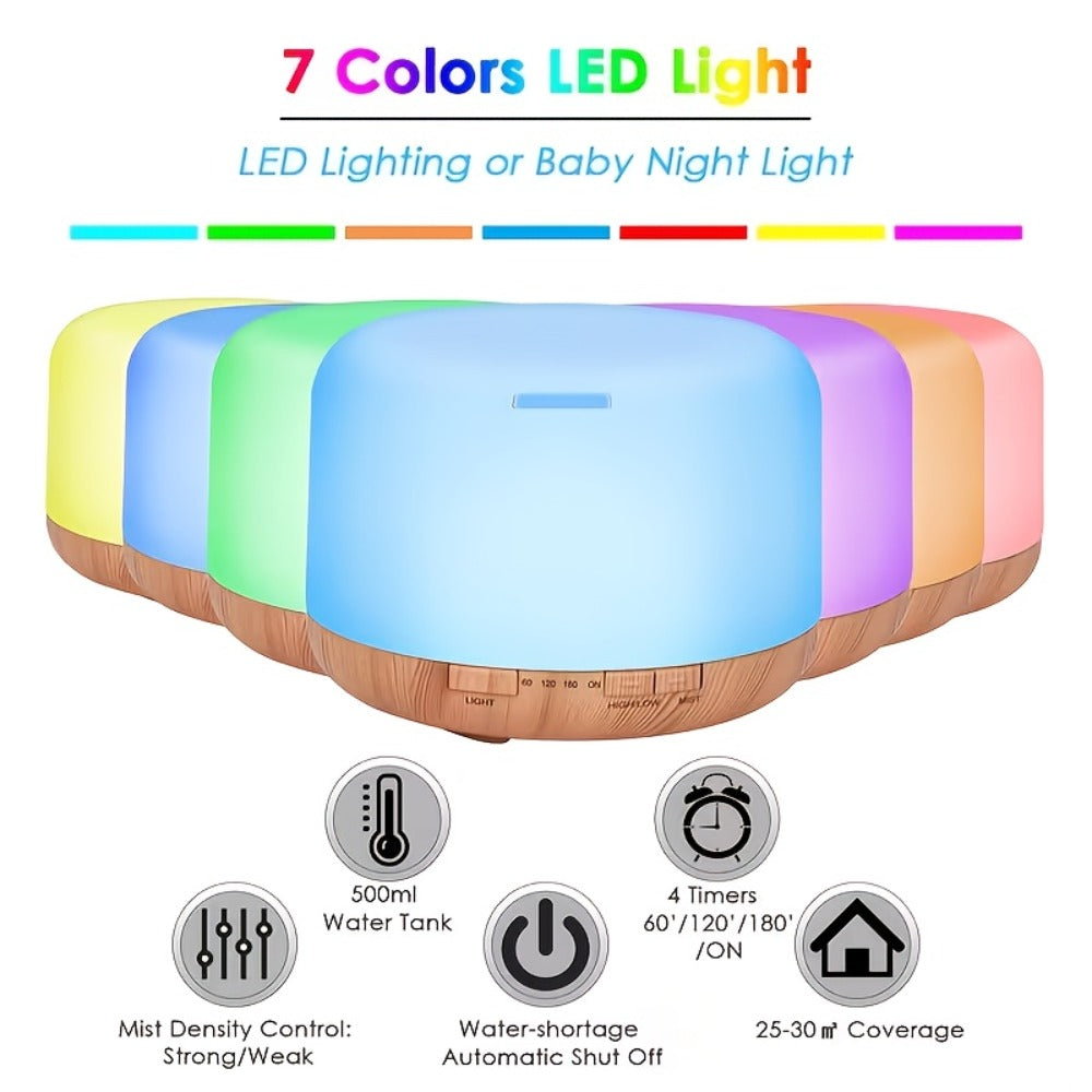 500ml Aroma Diffuser with Continuous or Intermittent Mist, Seven-Color Light, Four Timers and Remote Control