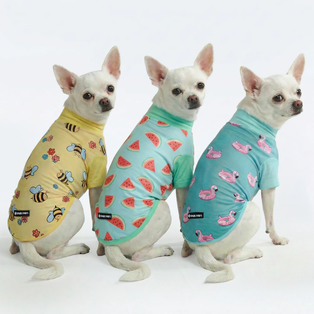 UPF 30 Dog Sun Shirt, Bees Flamingo Watermelon / S