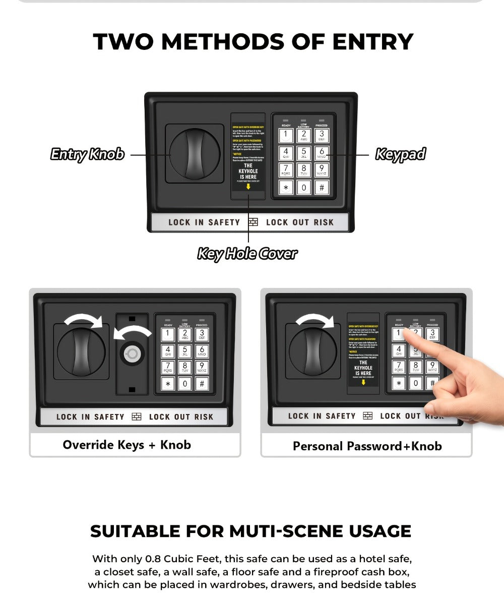 Home Security Safe Box with Sensor Light & Fireproof Bag, Digital Keypad Lock Box with Backup Keys for Cash
