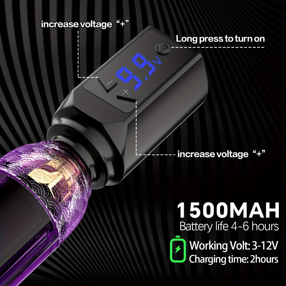 Tattoo Machine Kit POSEIDON SD01 Cordless Pen with 1500mAh Battery, Display, 20 Cartridges and 11 Inks