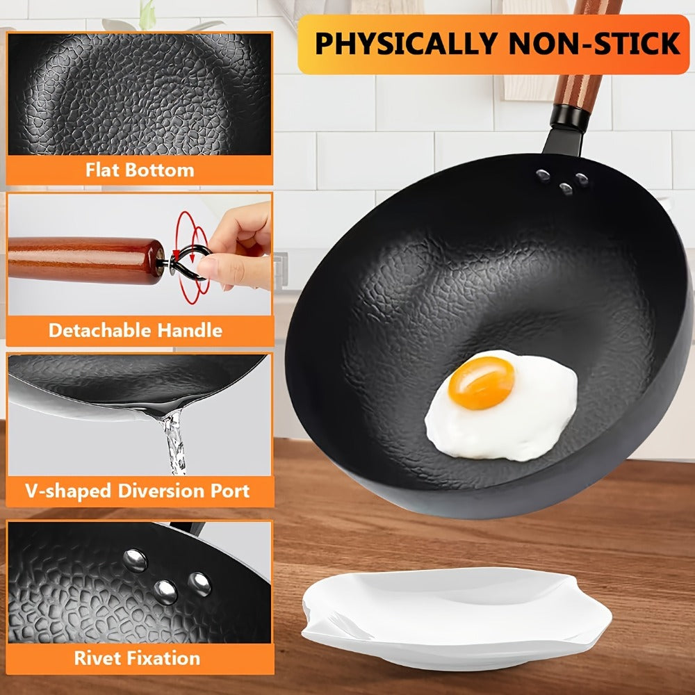 Carbon Steel Wok Set with Lid and 14-Piece Accessory Kit, 12.6 Inch Stir-Fry Pan with Spatula, Brush, Ring and Utensils