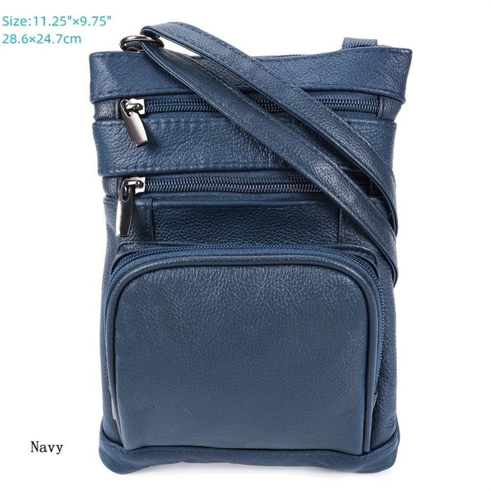 Genuine Leather Shoulder Bag for Women Men Soft First-Layer Cowhide Crossbody Bag Multi-Pocket Messenger Bag 3 Sizes Fits Smartphone Tablet