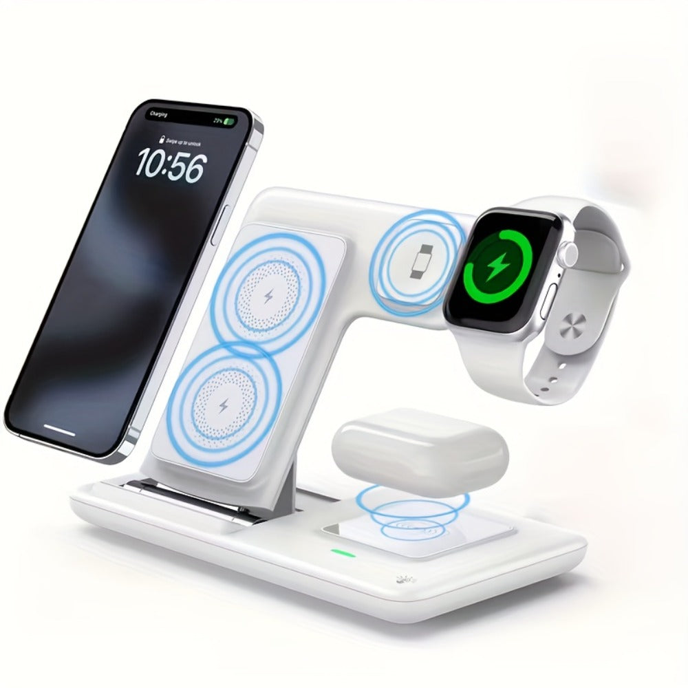 Wireless Charging Station, 3-in-1 15W Upright Stand with QC3.0 Adapter for iPhone, Watch and AirPods Models