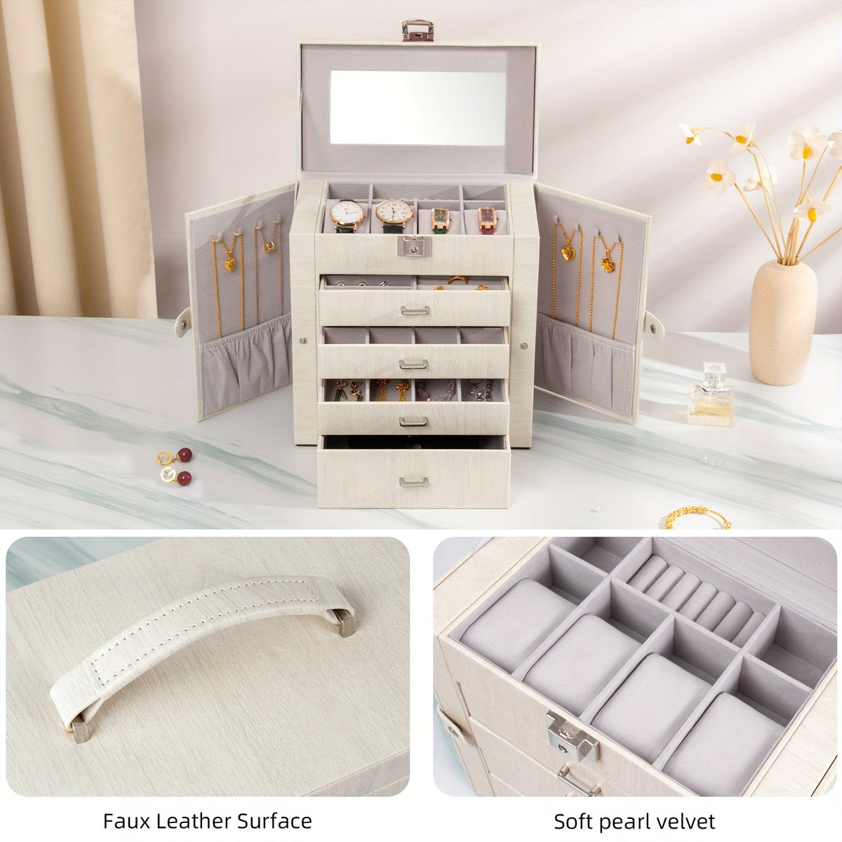 Jewelry Box, Five-Tier PU-Leather Organizer with Built-In Mirror, Key Lock and Three Color Options