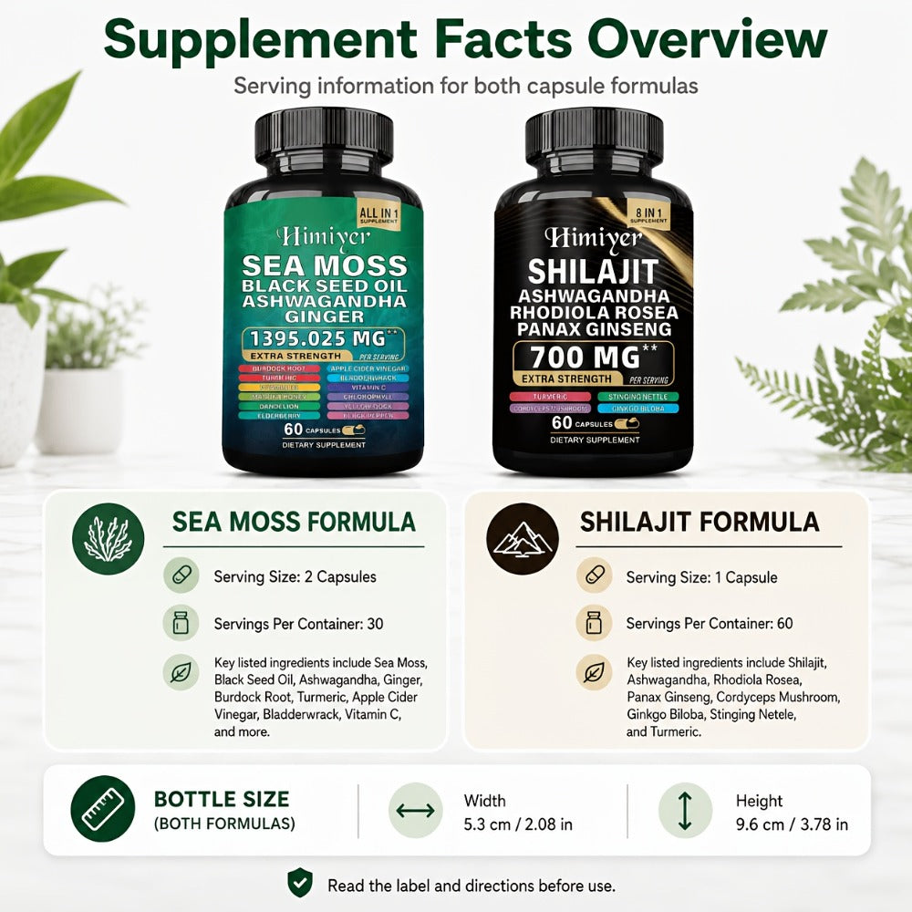 Sea Moss and Shilajit Capsule Supplements in 60-Count Bottles with One- to Six-Bottle Options