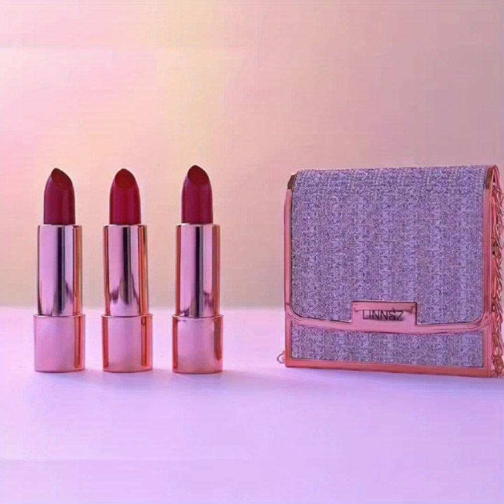 Matte Lipstick Gift Set 3 Pack Velvet Waterproof Long-Lasting Anti-Fading Intense Pigment Full Coverage Lip Color with Elegant Silvery Chain