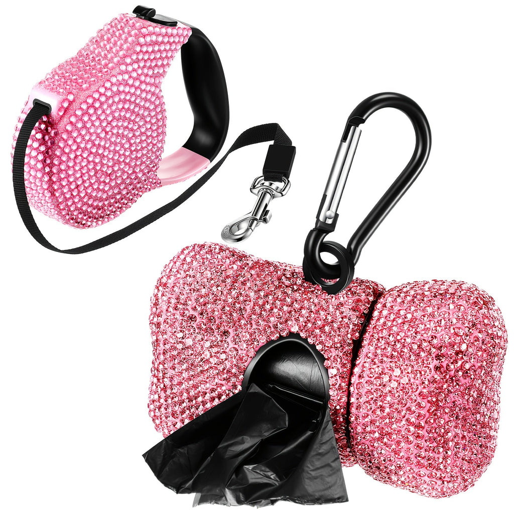 Retractable Dog Leash Set of 2 with Rhinestone Decoration, Pink Bone-Shaped Waste Bag Dispenser & Metal Clip