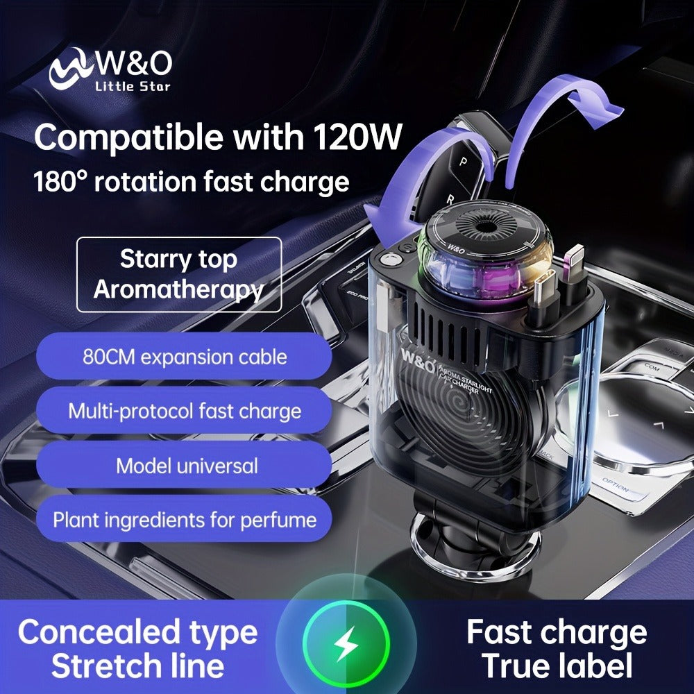 Car Charger with 80 cm Retractable Cable, Aroma Diffuser and Red Star Projector in a Black Plug-In Design