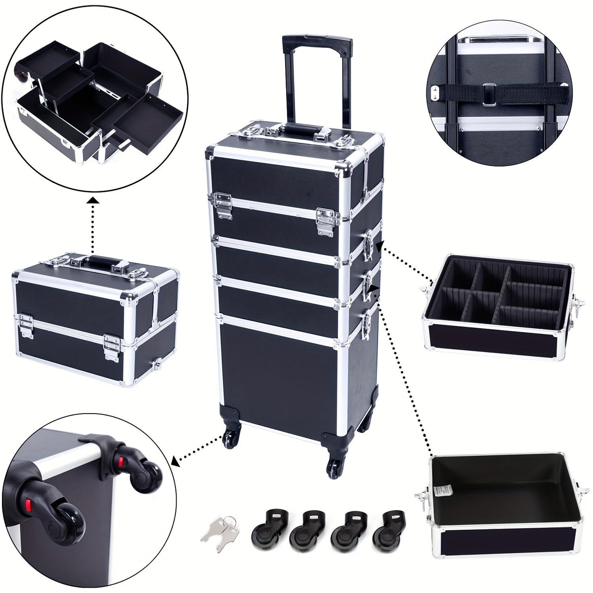 Rolling Makeup Case Aluminum 4-in-1 Extra Large Professional Cosmetic Trolley with 360° Swivel Wheels for Makeup Artist Tattoo Artist Salon