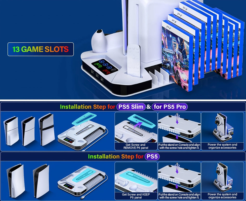 PS5 Pro Slim Cooling Station with Controller Charging Station for PS5/Slim/Pro Standard & Disc/Digital Console