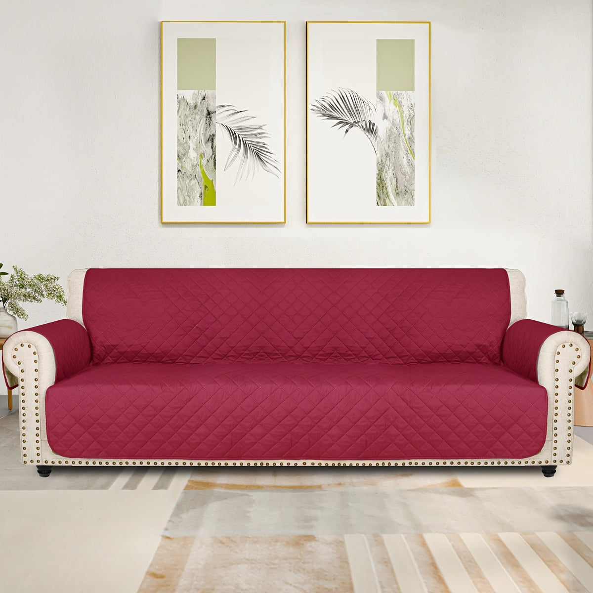 Sofa Cover Five-Layer Quilted Microfiber Protector with Elastic Strap and Foam Anchors for 3 or 4 Seats