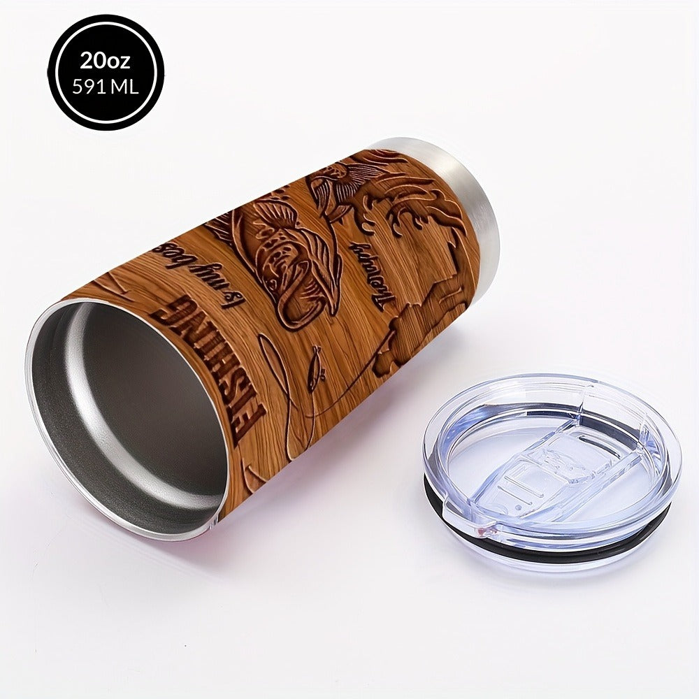 20oz Brown Fisherman-Graphic Tumbler with Clear Lid, Metal Straw and 7.2 x 17.5 cm Pictured Size