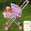 11-Inch Baby Doll and Folding Stroller Playset with 12 Food Accessories in Pink or Purple Color Options