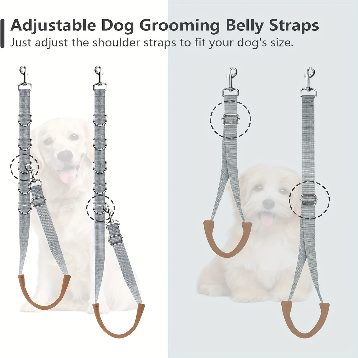 Dog Grooming Restraint Strap Set with Three Adjustable Grey Loops and Rotating Clips for Supported Use