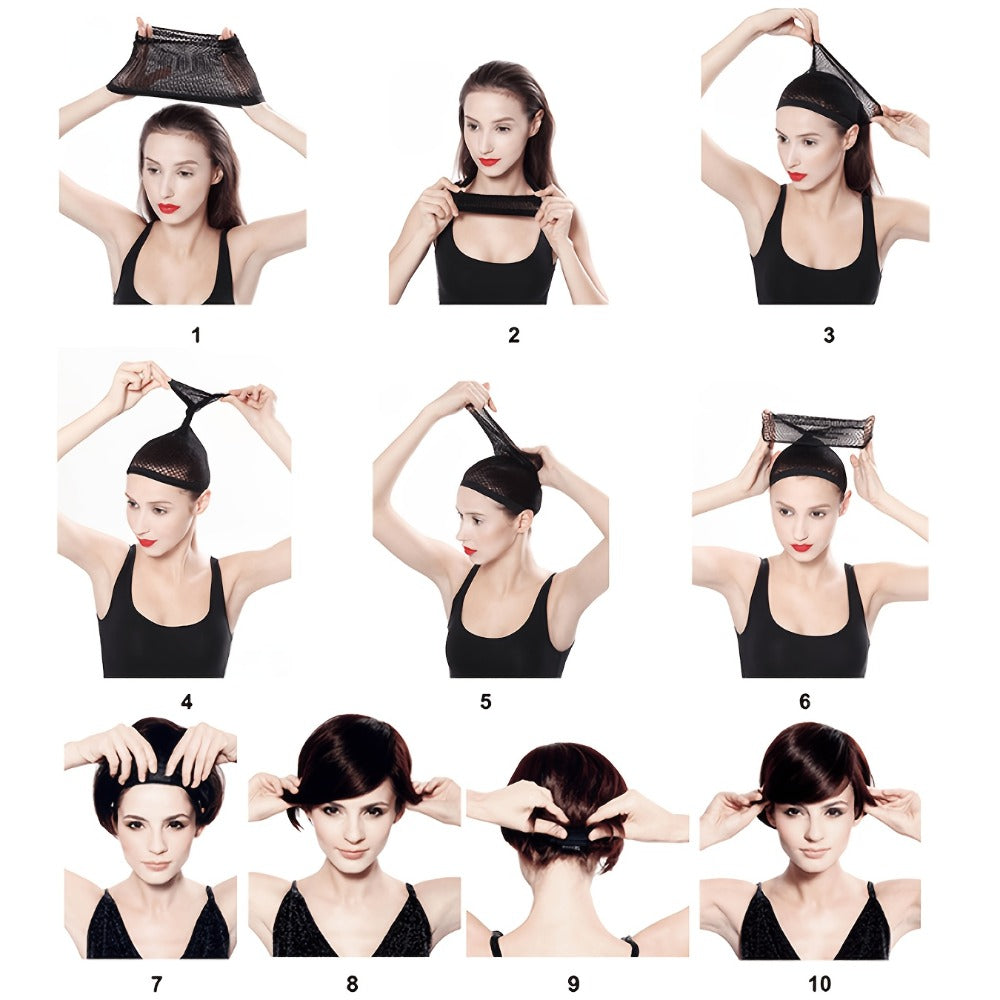 Synthetic Wig 6-Inch Blonde-Brown Mixed Pixie Cut with Bangs and Adjustable Rose Net Cap for Daily Styling