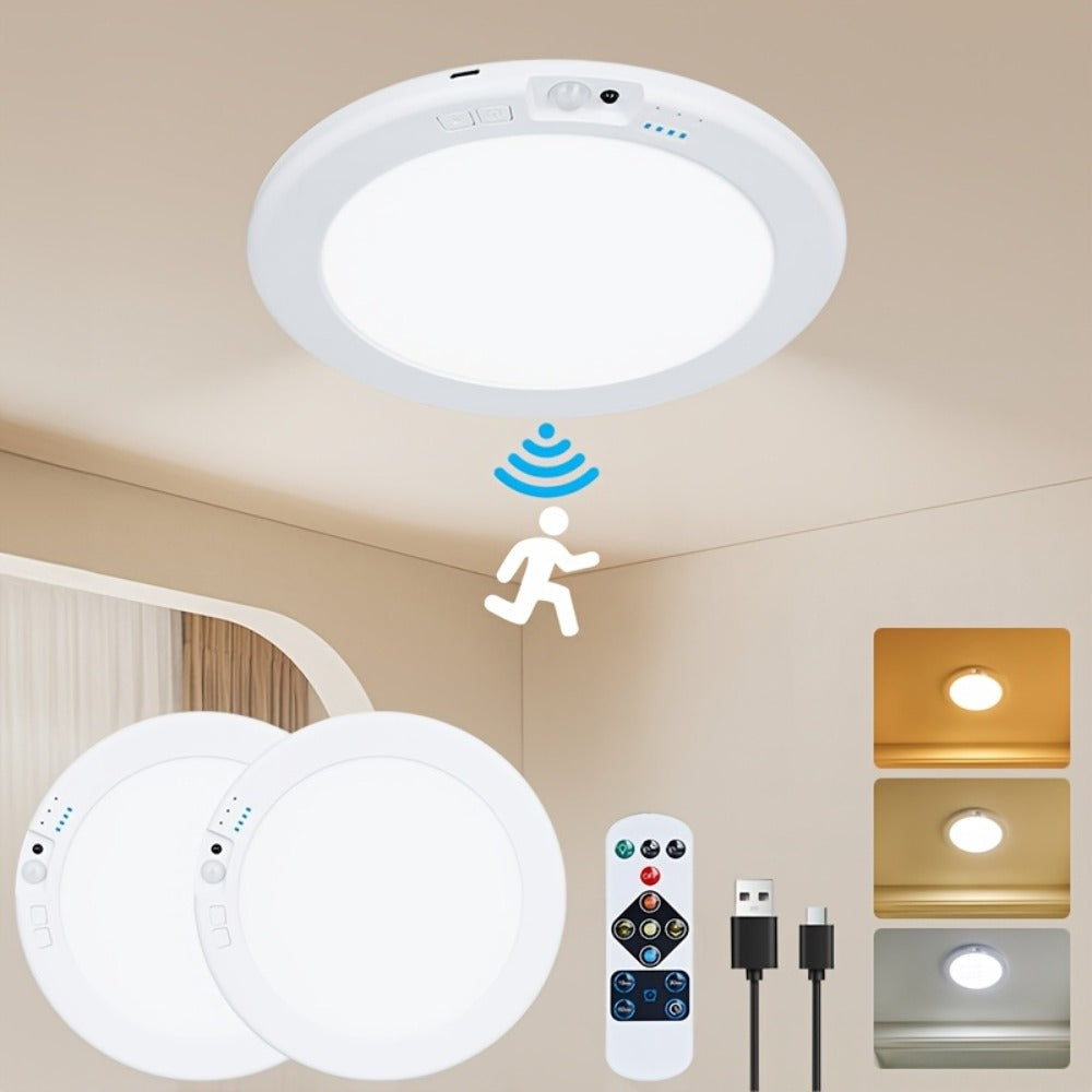 Wireless LED Ceiling Light with Motion Sensor 2 Pack – 5500mAh Rechargeable, Remote Control, 3 Brightness Modes