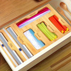 Bamboo Ziplock Bag Organizer Box for Kitchen Drawer – Adjustable Dividers, Compatible with Gallon Quart Sandwich Snack Bags