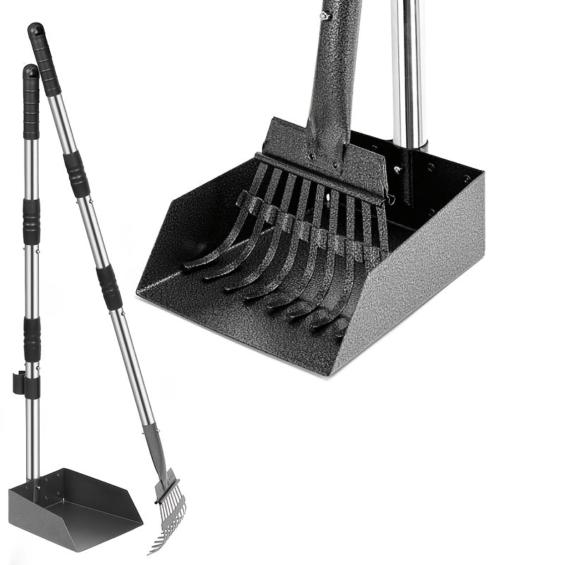 Long-Handle Pet Waste Rake and Tray Set with Two Three-Section Handles and Nine Color Options