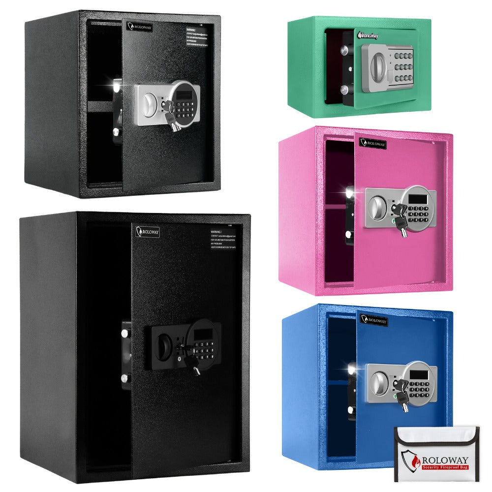 Home Security Safe Box with Sensor Light & Fireproof Bag, Digital Keypad Lock Box with Backup Keys for Cash