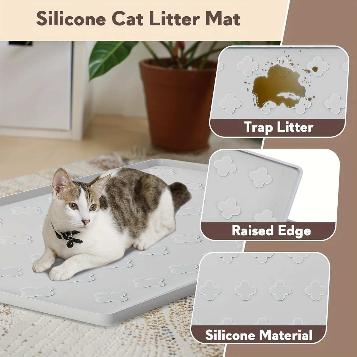 Cat Litter Mat XXL Silicone 34x22 Inch – 3-in-1 Waterproof Non-Slip Litter Trapping Mat with Raised Edges Easy Clean Foldable Pet Feeding