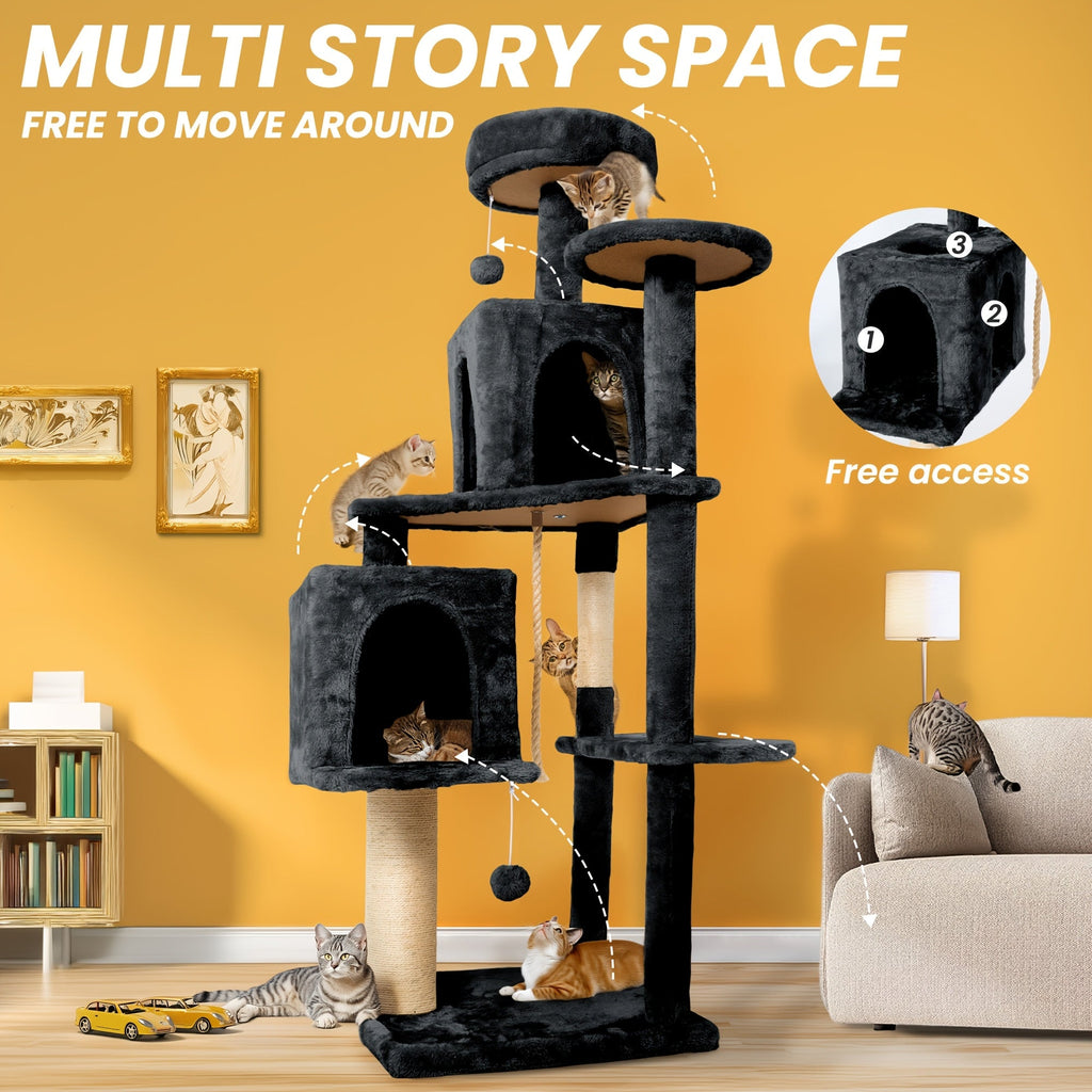 Cat Tree Tower 59 Inch Large Multi-Level Cat Tower for Indoor Cats with Plush Resting Area, Sisal Scratching Post & Hanging Ball Toy