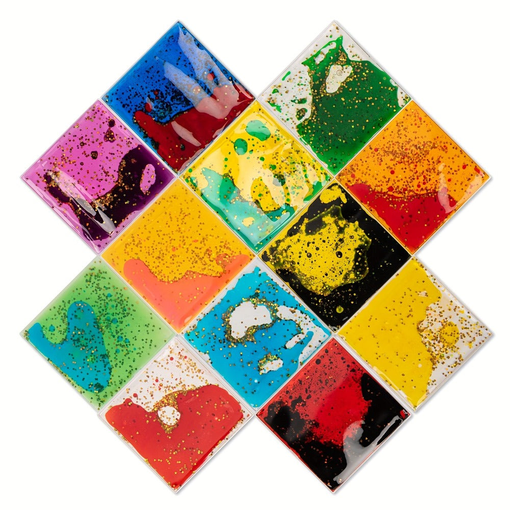 12-Piece Liquid-Filled Flexible Tile Set in Square or Hexagon Shapes for Wall or Floor Display