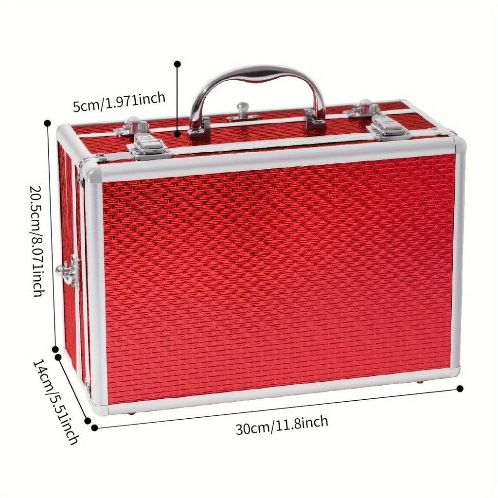 Makeup Kit in Handled Aluminum-Style Travel Case with Mirror, Tiered Trays and Silvery or Red Finish