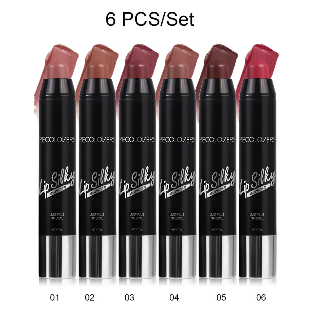 Lipstick Set, PECOLOVERS 6-Piece Cream Crayon Collection with Nude, Rose, Berry and Red Colors