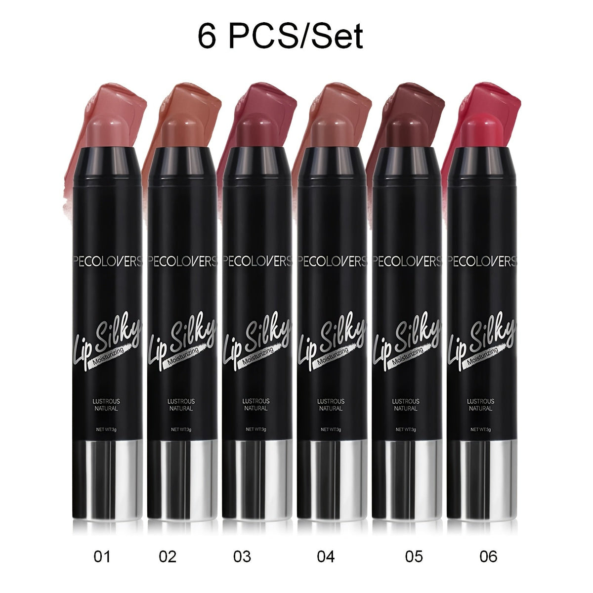 Lipstick Set, PECOLOVERS 6-Piece Cream Crayon Collection with Nude, Rose, Berry and Red Colors