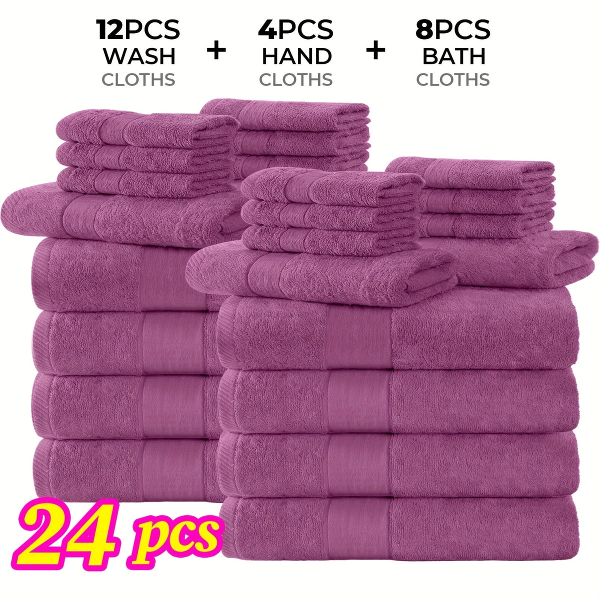Towel Set 12 or 24 Piece Cotton Collection with Bath, Hand and Washcloth Formats in Seven Colors