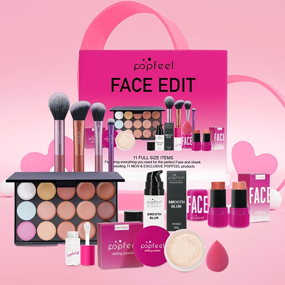 Pink Face Makeup Set with 15-Pan Face Palette, 9-Pan Color Palette, Four Brushes and Lip, Eye and Powder Products