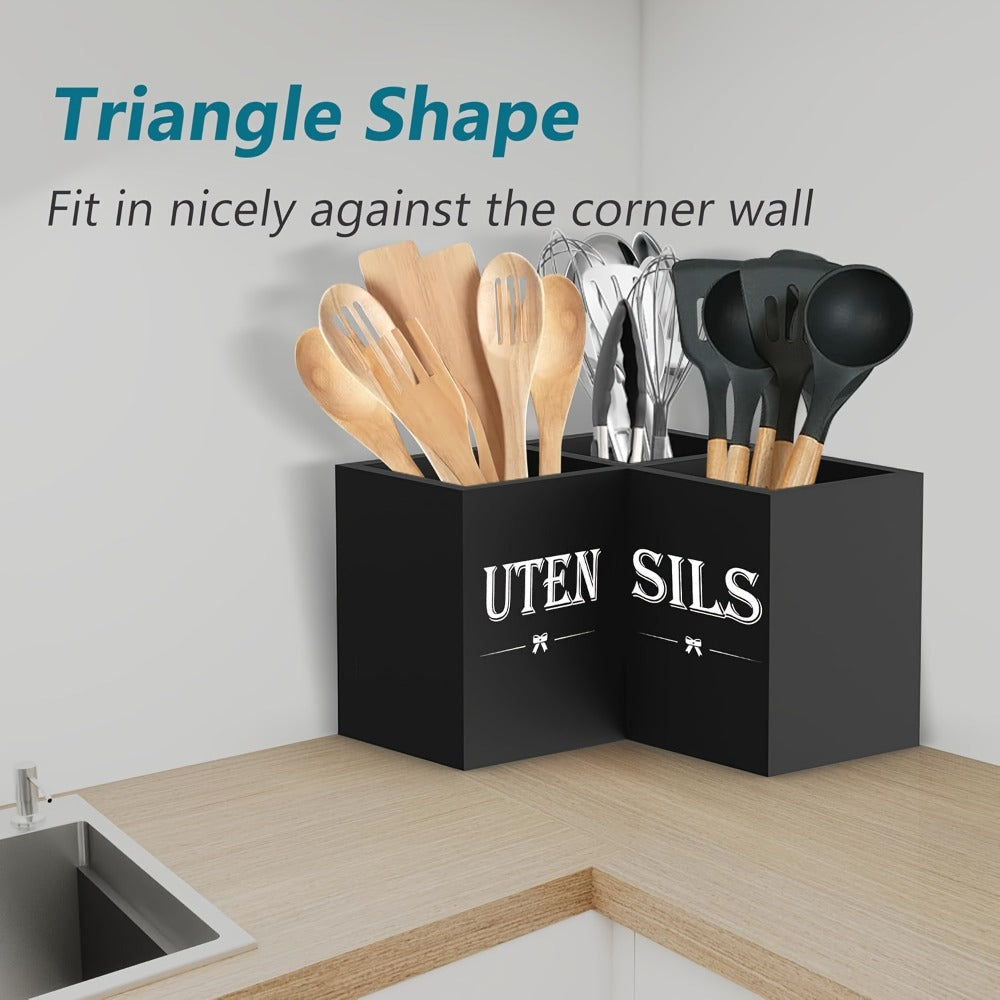 Utensil Caddy Kitchen Organizer 3-Compartment Solid Wood Countertop Holder in Black Farmhouse Style