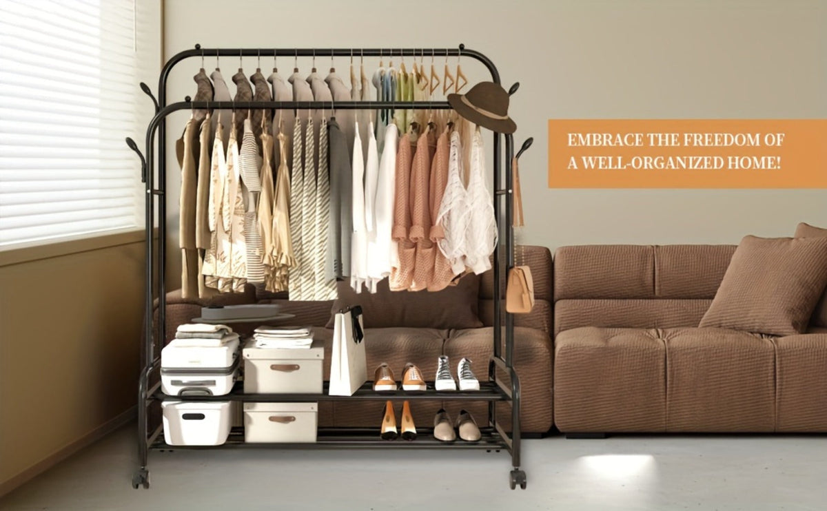 Black or Gold-Color Double-Rod Clothing Rack with Wheels, Side Hooks and 150 x 110 x 46 cm Frame