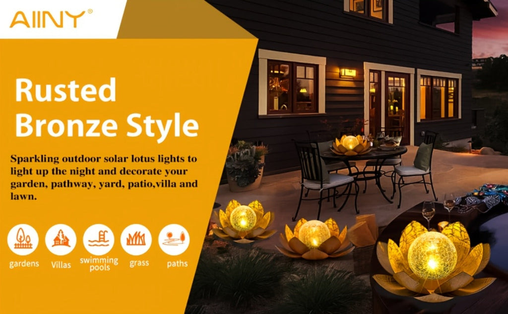 Solar Lotus Cracked Glass Ball Garden Lamp 2pcs, Metal Cracked Ball Solar Light for Outdoor & Indoor Decoration