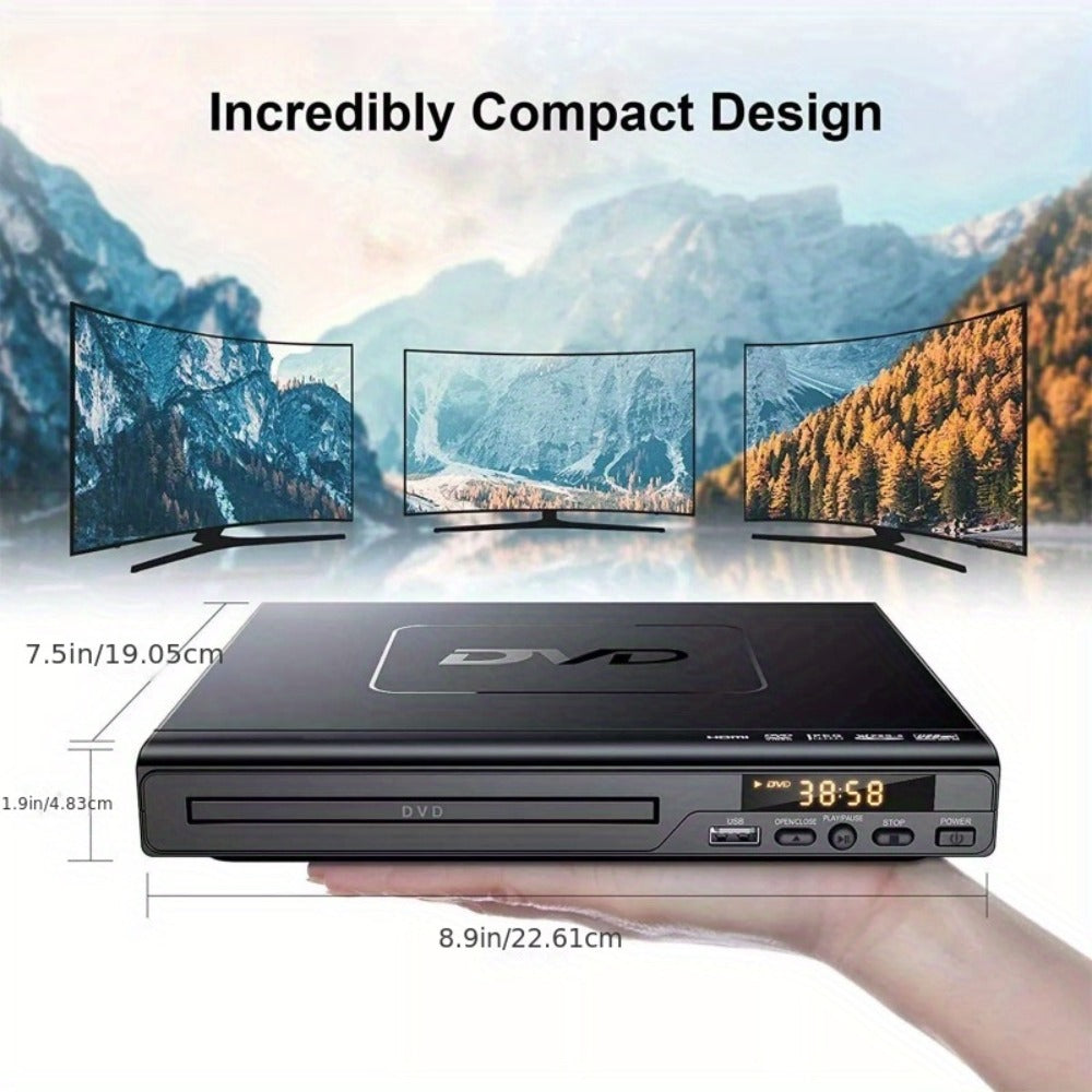 Compact Black DVD Player with USB Port, AV and Coaxial Outputs, Remote Control and RCA Cable for Older TVs