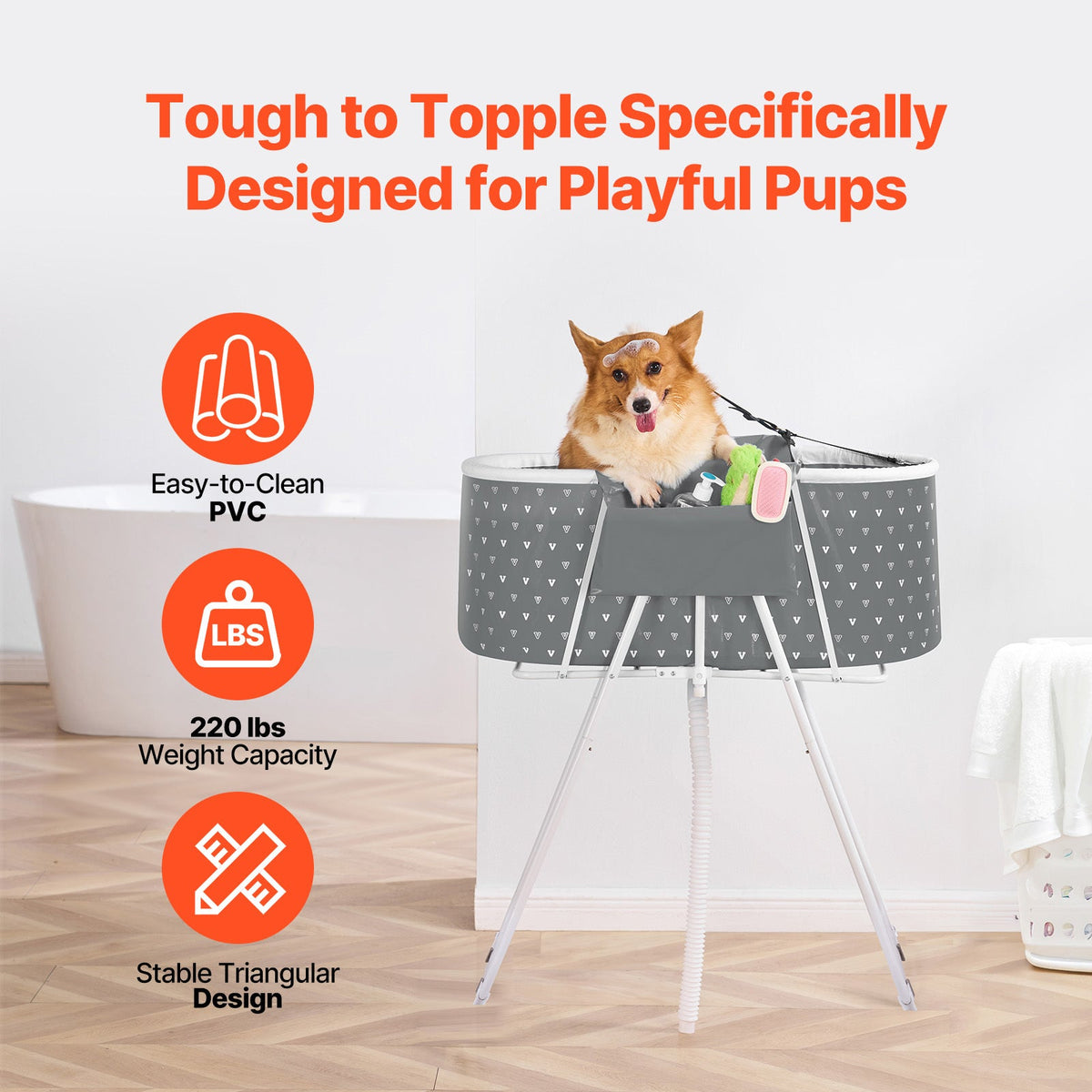 Elevated Foldable Pet Bathtub – Stand-Up Dog Grooming Tub with Carbon Steel Legs, 220 lbs Capacity & Expandable Drain Hose | 33"x18" PVC Tub