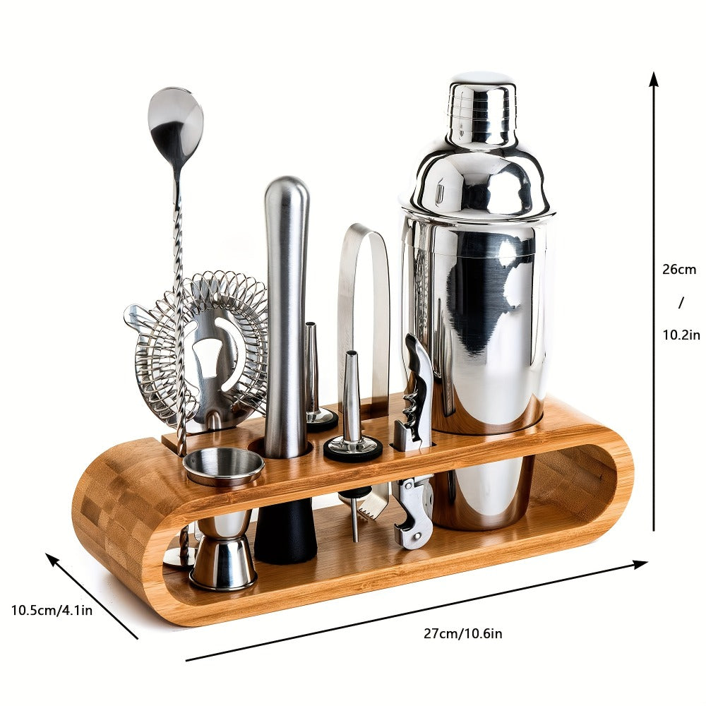Bartender Kit 10 Piece Stainless Steel Bar Tool Set with Bamboo Stand Cocktail Shaker Mixing for Entryways, Bedrooms and Living Spaces
