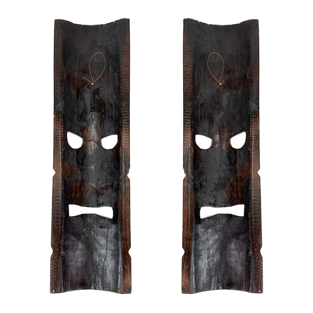 Tiki Wall Masks Set of 2 – Hand Carved Wooden 20" Tropical Decor with Palm Tree & Plumeria Designs for Indoor Outdoor Patio Bar