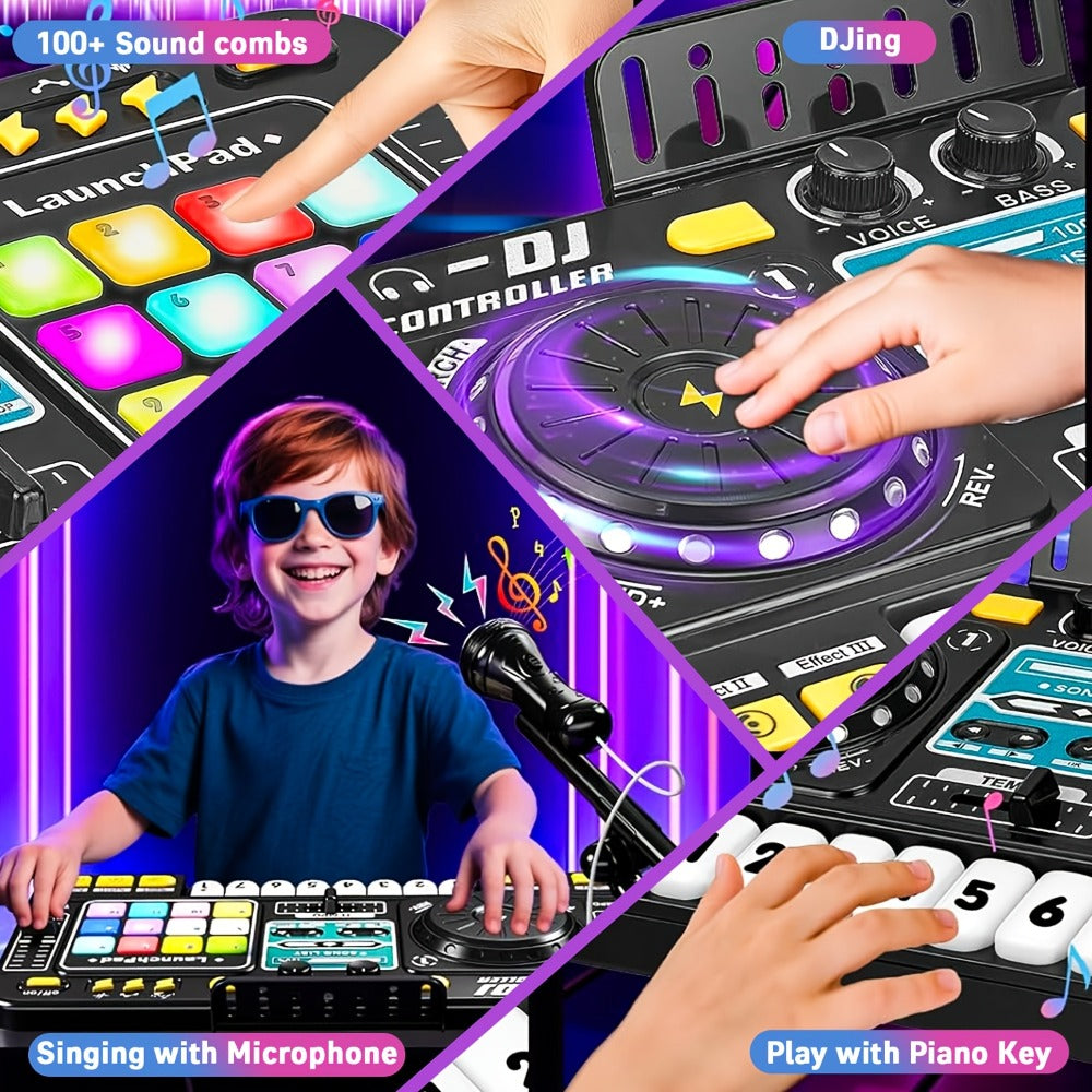 Kids DJ Mixer Toy Set with LED Lights, Microphone & Piano Keys, 100+ Sound Effects, Disco Mode, Rechargeable
