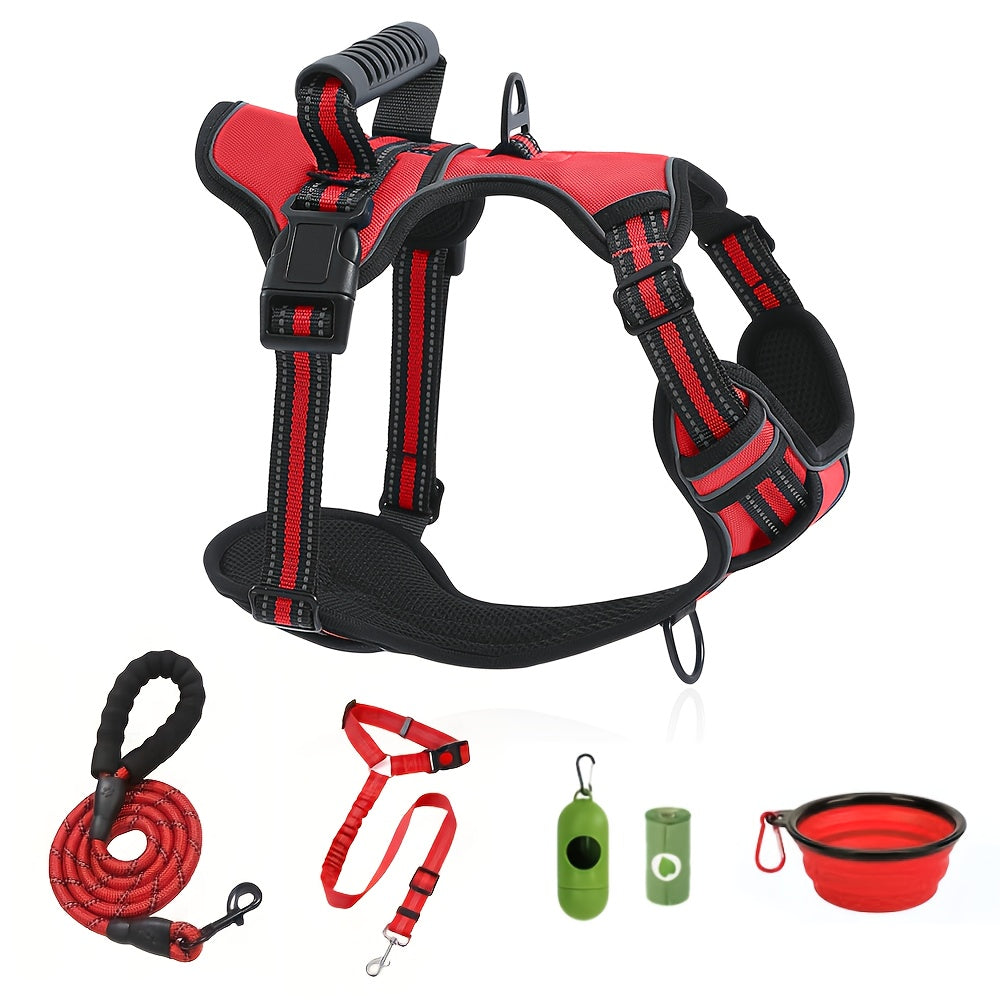Walking Dog Harness and 5-Foot Leash Set in Five Colors and XS–XL with Front Clip, Top Clip and Handle