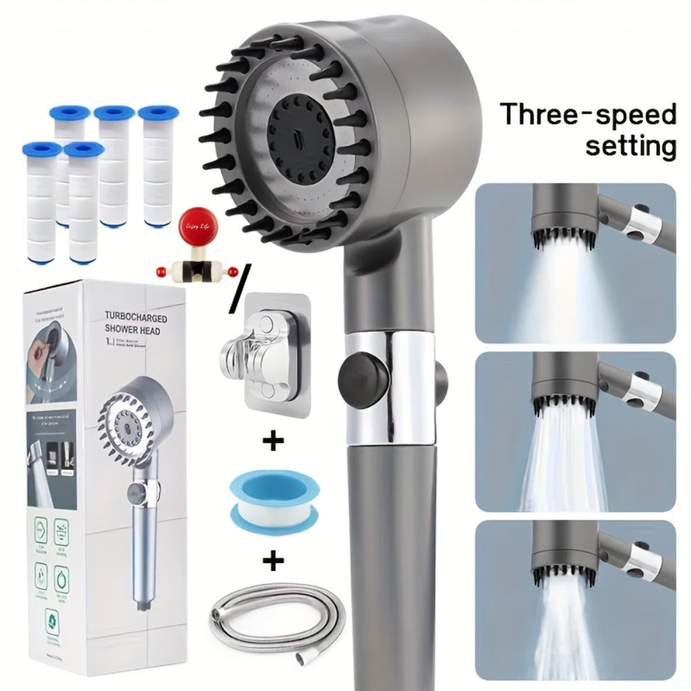 Handheld Shower Head with Rotating Spray Selector, On-Off Button, Hose, Five Cartridges and Two Bracket Options