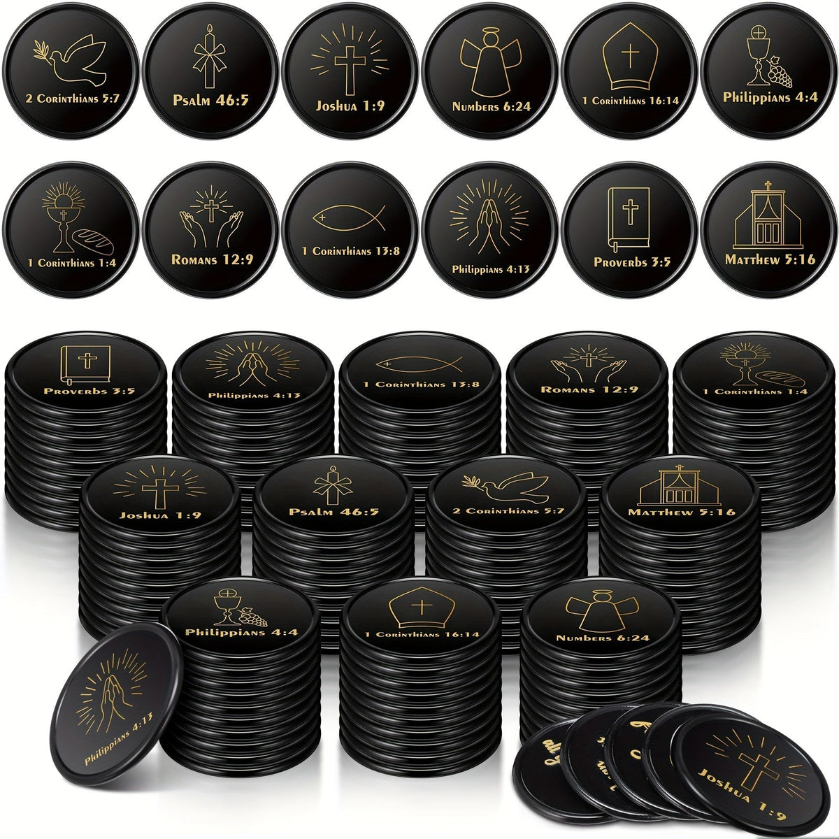 Party Favors Bible-Verse Coins, 120-Piece Black Token Set for Church and Faith-Themed Events