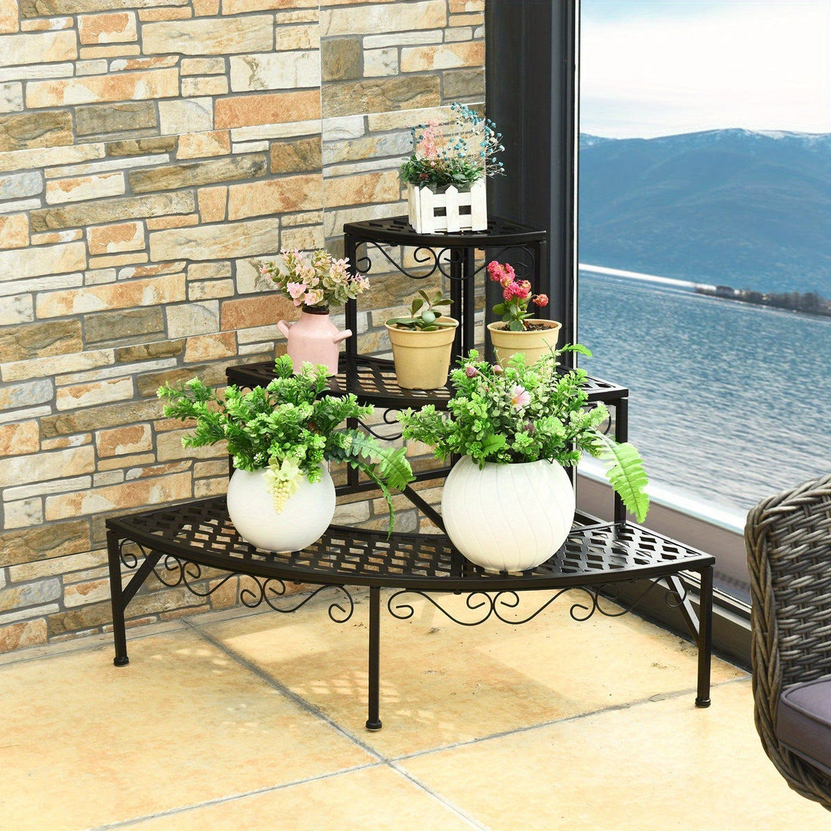 Three-Tier Black Metal Corner Plant Stand with Fan-Shaped Shelves, Scrollwork and Non-Slip Feet